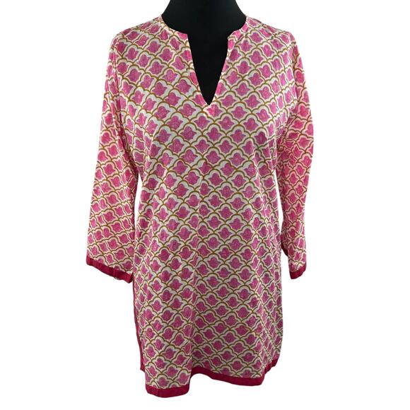 Roberta Roller Rabbit Pink Split V-Neck Cotton 3/4 Sleeve Kurta Tunic Top Size M - Picture 1 of 7